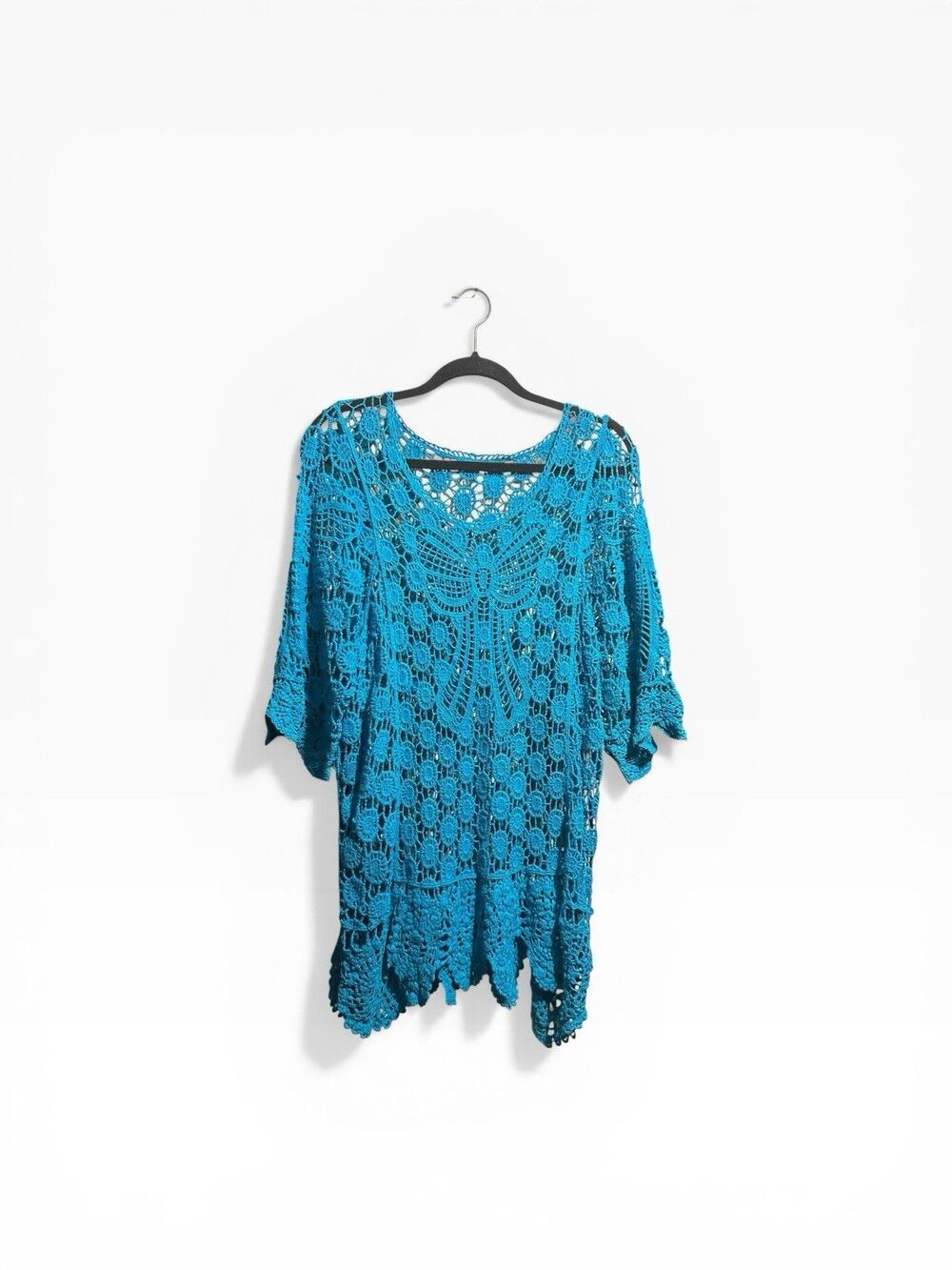Boho Crotchet Micro Dress Womens OS Blue Half Sleeve Coastal Vacation